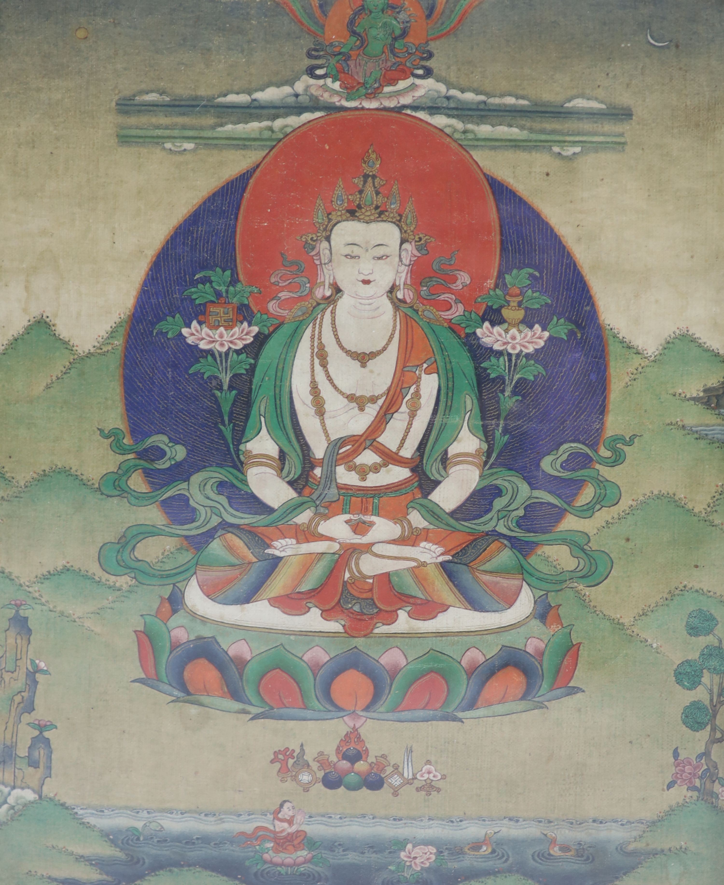 A Tibetan painted thangka depicting White Tara, 19th century, 32.5cm x 26.5cm, laid on fabric and mounted